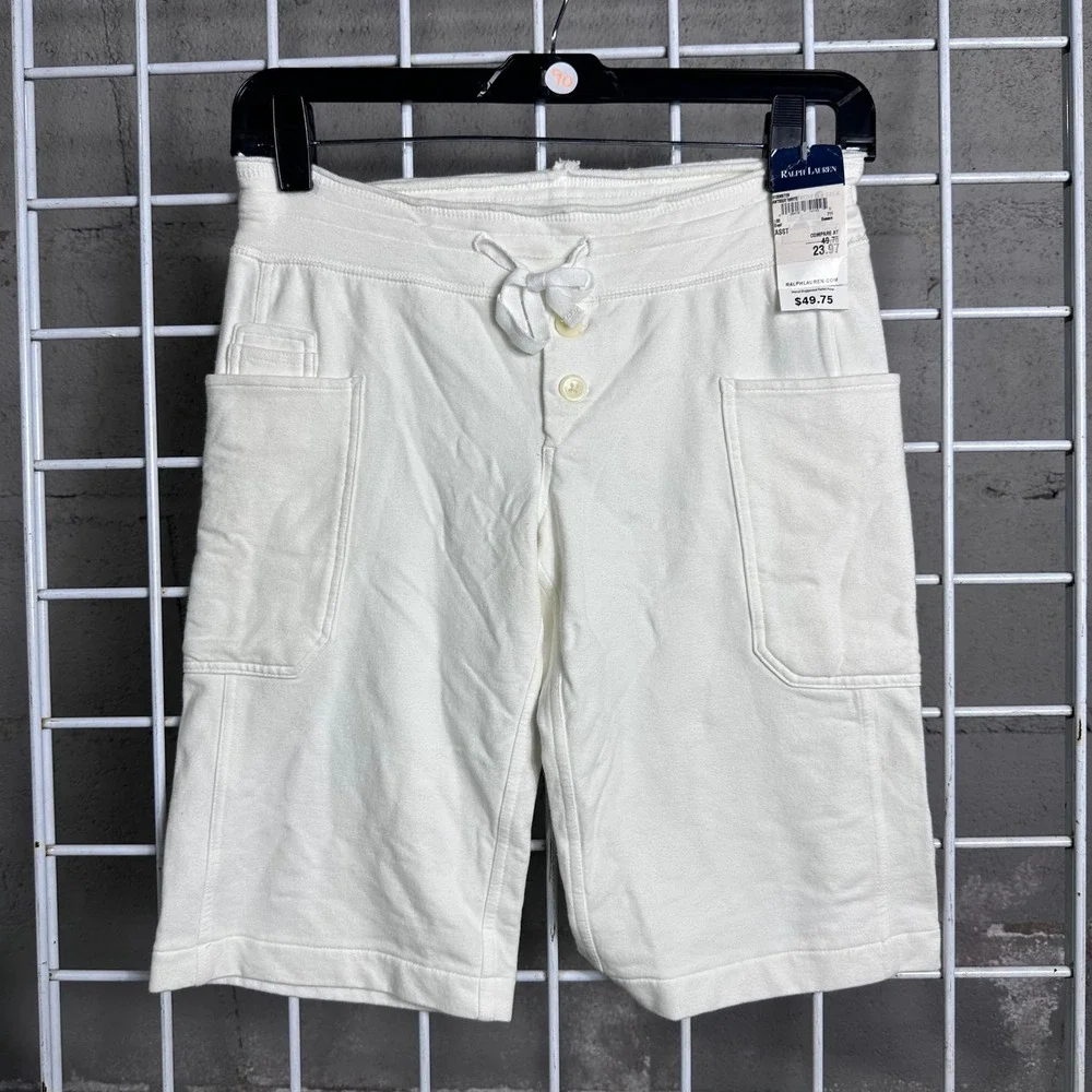 Ralph Lauren Kids White Cotton Terry Lounge Shorts Drawstring Pockets Size 8-10